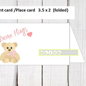 Pink Teddy Bear tent cards, Bear hugs Tent card 3.5 x 2 when folded In pink corals and taupe Digital download PDF