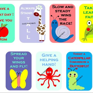May include: Set of eight colorful printable cards with inspirational messages and animal illustrations. The cards feature a red apple, a giraffe, a snail, a frog, a butterfly, an octopus, a caterpillar, and a butterfly. The text on the cards includes phrases like "Have a great day! I love you Mom", "Always stand tall", "Slow and steady wins the race", "Take a leap of faith", "Spread your wings and fly", "Give a helping hand", "Today a caterpillar, tomorrow a butterfly".