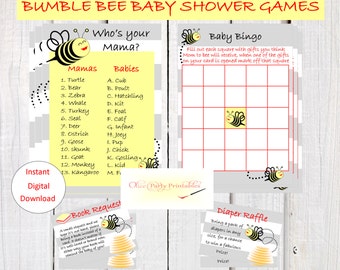 Grey Bumble Bee baby Shower games, Bumble Bee  diaper raffle, bumble bee book request, bumble bee "who's your mama" game bumble bee party