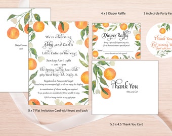 Baby shower Little cutie on the way set, Orange theme, Invitation, Raffle insert card, Thank You card and Favor Tag. PDF, Social Distanced