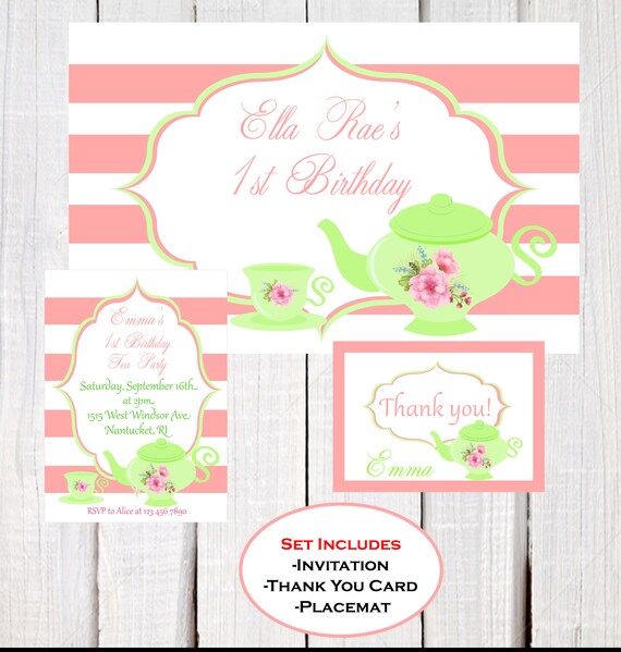 Tea Party Birthday party set, tea pot party invitation, Tea Party placemat, Tea Party thank you card, green coral Tea Party set. Digital PDF Il_570xn