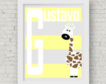 Giraffes nursery print, name Nursery print, grey and yellow nursery decor gifts, animal nursery prints, gender neutral nursery wall art