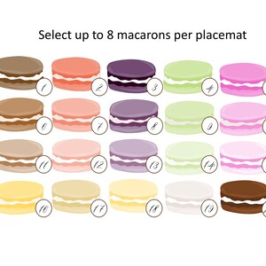 K&ouml;nnte beinhalten: Zwanzig Macarons in verschiedenen Farben, darunter Braun, Rosa, Lila, Gr&uuml;n und Gelb. Die Macarons sind in vier Reihen zu f&uuml;nf angeordnet. Der Text "Select up to 8 macarons per placemat" befindet sich oben im Bild.