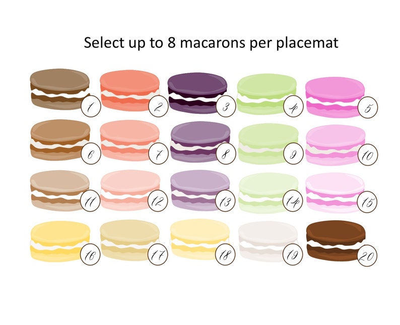 K&ouml;nnte beinhalten: Zwanzig Macarons in verschiedenen Farben, darunter Braun, Rosa, Lila, Gr&uuml;n und Gelb. Die Macarons sind in vier Reihen zu f&uuml;nf angeordnet. Der Text "Select up to 8 macarons per placemat" befindet sich oben im Bild.