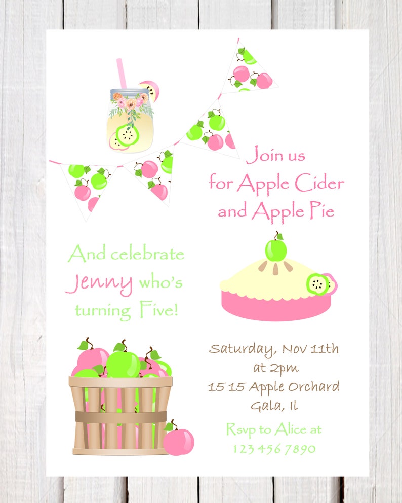 Apple birthday invitation, Apple pie invitation, Apple of my eye, Apple CIder party invitation, Turning five invitation, Pink and Green image 3