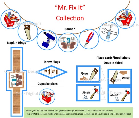 Dad's "Mr. Fix It" tool themed party printable set. Father's Day banner, #1 Dad with this fun printable set for your party tablescape! Il_570xn