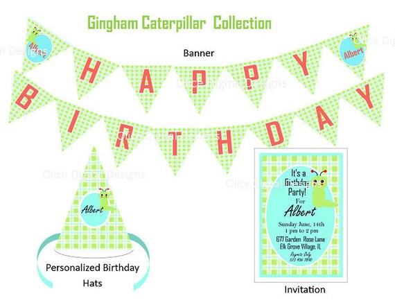 Caterpillar birthday party set - green caterpillar - caterpillar Invitation - green gingham - Banner and Party Hat template Digital PDF Il_570xn