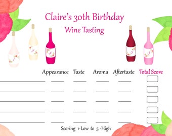 Customized Floral Wine Tasting placemat scorecard. Blind Wine tasting. Great for wineries, showers, Birthdays home and zoom events. PDF file