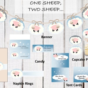 baby lamb place cards, Sheep baby shower or 1st birthday. In pink & taupe and dreamy clouds Digital download PDF image 2