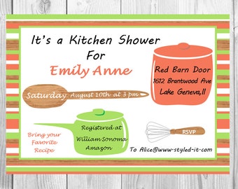 May include: A kitchen shower invitation with a red and green striped border. The invitation is for Emily Anne and includes the date, time, and location of the event. It also includes information about where the guest of honour is registered, and asks guests to bring their favourite recipe.