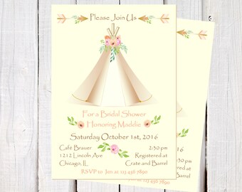 May include: A light yellow bridal shower invitation with a watercolor illustration of a teepee decorated with pink flowers. The text reads "Please Join Us for a Bridal Shower Honoring Maddie Saturday October 1st, 2016 Cafe Brauer 1212 Lincoln Ave Chicago, IL 2:30 pm Registered at Crate and Barrel RSVP to Jen at 123 456 7890 16 30 pm red at Barrel 123 456 7890"