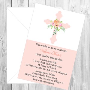 Baptism, Christening, first holy communion invitation girls Modern invitation , simple with a floral cross, 1st holy communion religious image 4