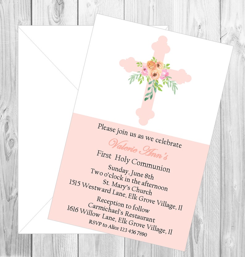 Baptism, Christening, first holy communion invitation girls Modern invitation , simple with a floral cross, 1st holy communion religious image 4