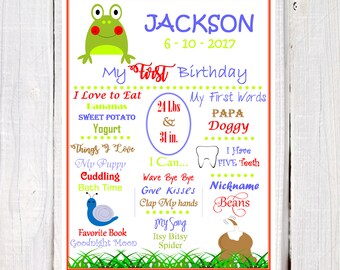 Baby Boy first Birthday poster, Frogs snails puppy dog tails baby's 1st birthday milestone poster, baby's favorite things Birthday sign .