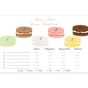 K&ouml;nnte beinhalten: Eine druckbare Spielkarte f&uuml;r einen Junggesellinnenabschied mit dem Titel "Macaron Flight Jenna's Bachelorette". Die Karte zeigt sechs Macarons mit den Nummern 1 bis 6. Die Karte enth&auml;lt auch einen Bewertungsbereich mit Kategorien f&uuml;r Textur, F&uuml;llungsgeschmack, Macaron-Geschmack und Gesamtpunktzahl.
