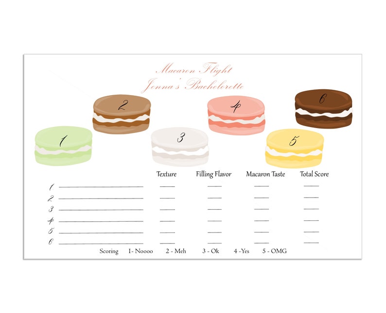 K&ouml;nnte beinhalten: Eine druckbare Spielkarte f&uuml;r einen Junggesellinnenabschied mit dem Titel "Macaron Flight Jenna's Bachelorette". Die Karte zeigt sechs Macarons mit den Nummern 1 bis 6. Die Karte enth&auml;lt auch einen Bewertungsbereich mit Kategorien f&uuml;r Textur, F&uuml;llungsgeschmack, Macaron-Geschmack und Gesamtpunktzahl.
