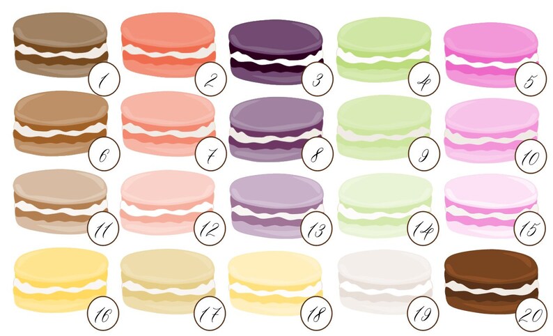 K&ouml;nnte beinhalten: Zwanzig verschiedene Macarons, jedes mit einer anderen Farbe und einem anderen Geschmack. Die Macarons sind in vier Reihen zu f&uuml;nf angeordnet. Die Macarons sind alle rund und haben eine glatte, gl&auml;nzende Oberfl&auml;che. Die Farben der Macarons sind braun, rosa, lila, gr&uuml;n und wei&szlig;.