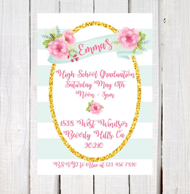 floral and stripe graduation invitation, 8th grade graduation invitation, High school graduation Invitation, College graduation invitation image 3