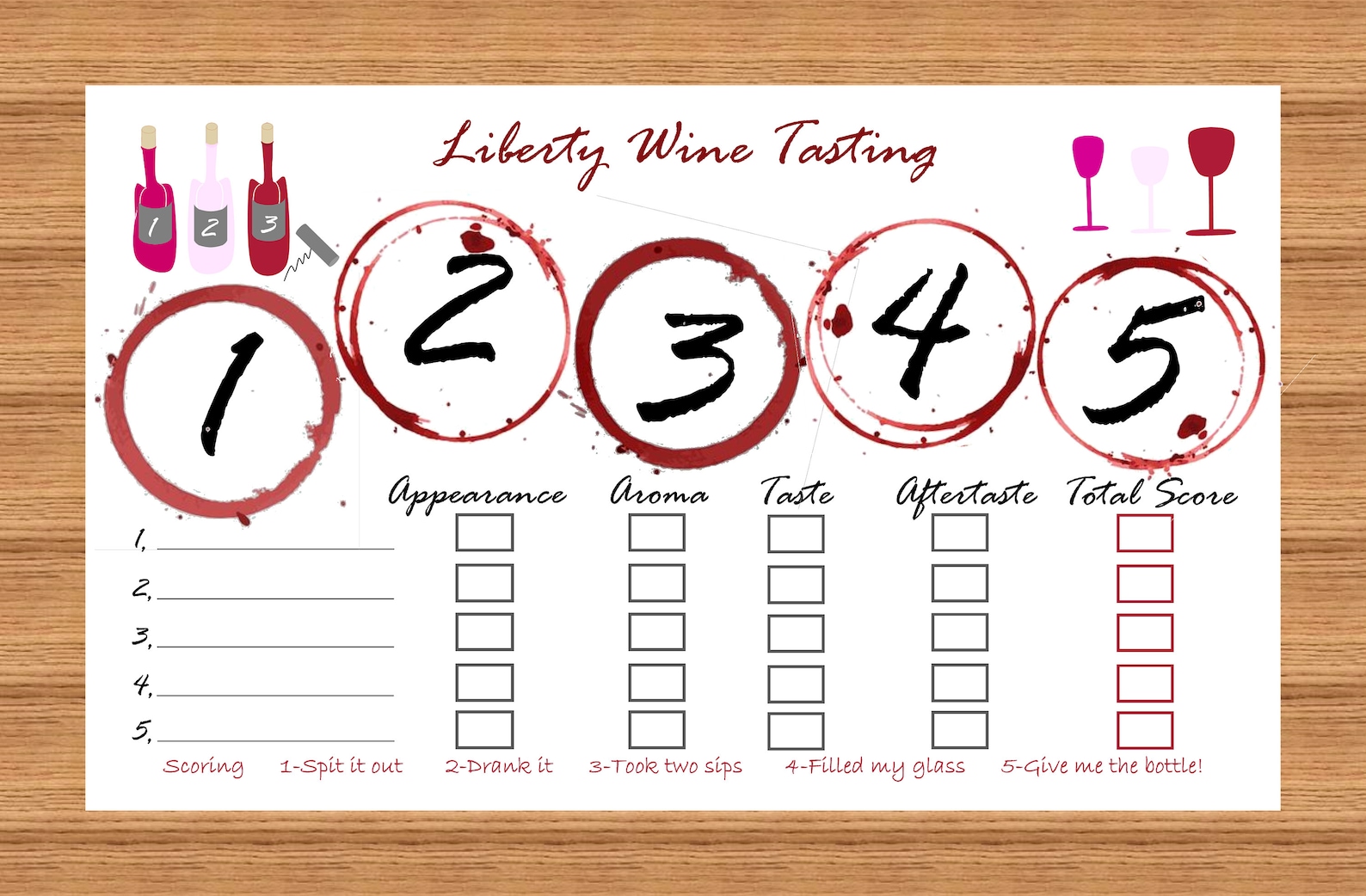 Customized Blind Wine Tasting Placemat Scorecard, Wine Tasting Card ...
