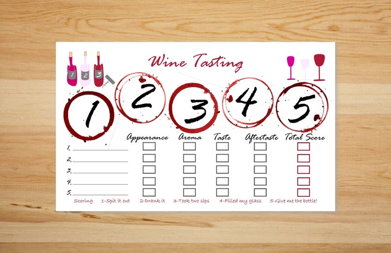 Pu&ograve; includere: Una scheda di degustazione del vino bianco con cinque anelli di bicchiere di vino rosso, numerati da 1 a 5. La scheda di punteggio ha colonne per l'aspetto, l'aroma, il gusto, il retrogusto e il punteggio totale. Ogni colonna ha cinque caselle da spuntare. La parte inferiore della scheda di punteggio ha una chiave di punteggio con cinque opzioni: 1-Sputare, 2-Bere, 3-Prendere due sorsi, 4-Riempire il mio bicchiere, 5-Dammi la bottiglia!
