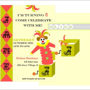 Jack in the box uitnodiging - Jack - in - de - box uitnodiging met gratis bedankkaart - vintage clown uitnodiging - Vintage uitnodiging