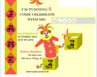 Jack in the box invitation - Jack - in - the - box invitation with  free thank you card - vintage clown invitation - Vintage invitation