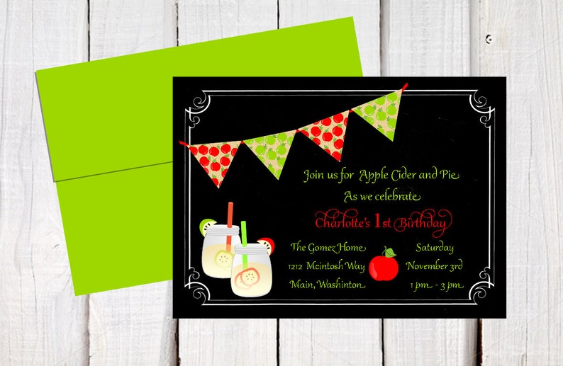 Apple Birthday Invitation, Chalkboard Apple Invitation, Mason Jar