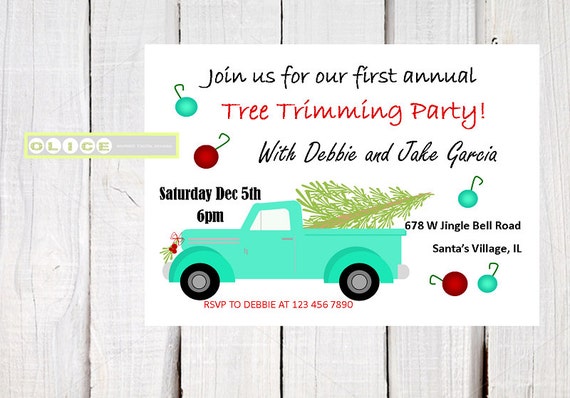 Vintage Christmas party invitations, tree trimming invitations, old fashioned Christmas, green pickup truck with tree, tree trimming party. Il_570xn