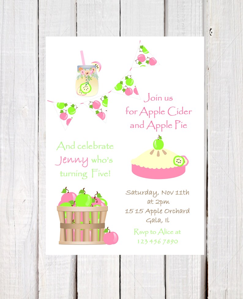 Apple birthday invitation, Apple pie invitation, Apple of my eye, Apple CIder party invitation, Turning five invitation, Pink and Green image 1