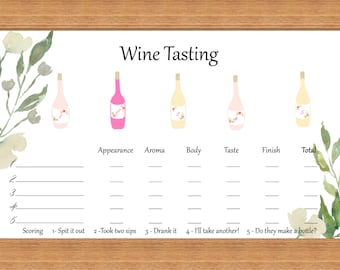 Modern floral Wine Tasting placemats use as a  scorecard, tasting card, Showers, Birthdays, bachelorette virtual tastings. INSTANT DOWNLOAD