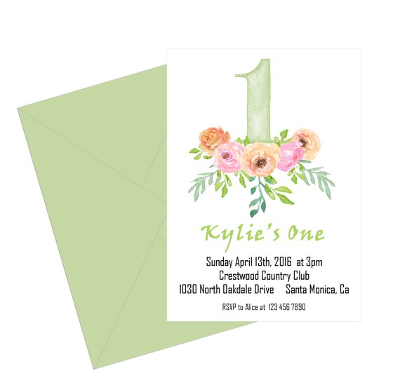 Floral watercolor birthday invitation, Greenry modern girls watercolor invitation with coral and pink flowers, Perfect for a first Birthday. Il_570xn