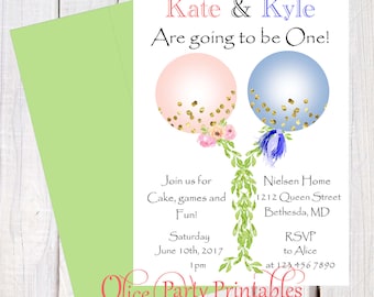 Twins First birthday invitation, modern twins 1st Birthday invitation, greenery with  Rose and  blue balloon and confetti Invitation