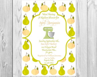 Kitchen Bridal Shower invitation with peaches and pears blender, pear shower invitation, peach invitations, Bridal Shower Invitation