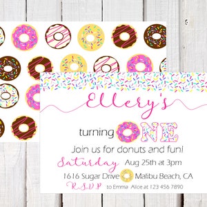 May include: A pink and white donut-themed first birthday party invitation with the name "Ellery's" and the text "turning ONE". The invitation includes the date and time of the party, the address, and an RSVP contact.
