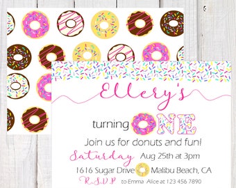 Donut Invitation, Donut first birthday invitation, Donut party invitation, donut wall, Pink sprinkles donut invitation, double sided invite.