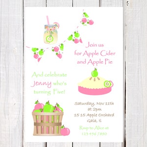 Apple birthday invitation, Apple pie invitation, Apple of my eye, Apple CIder party invitation, Turning five invitation, Pink and Green image 2