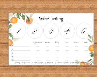 Wine Tasting placemat scorecard  kit, orange Wine Tasting card, flights, for showers, bachelorette, Christmas & New Years. INSTANT DOWNLOAD