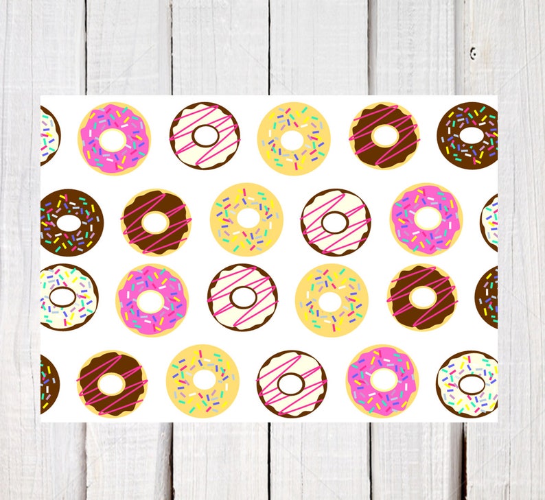 May include: A white background with a repeating pattern of colorful donuts with pink frosting and sprinkles. The donuts are arranged in a grid pattern.