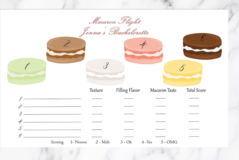 K&ouml;nnte beinhalten: Eine druckbare Spielkarte mit sechs Makronen, die von 1 bis 6 nummeriert sind. Die Karte tr&auml;gt den Titel "Macaron Flight Jenna's Bachelorette" und enth&auml;lt einen Bewertungsbereich mit dem Text "Scoring 1- Noooo 2-Meh 3-Ok 4-Yes 5-OMG".