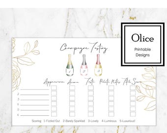 Modern Simple and Elegant Champagne Tasting Placemat Scorecard can be use for  Champagne Flights, for New Years Eve INSTANT PDF  DOWNLOAD