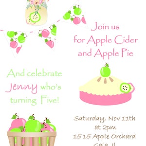 Apple birthday invitation, Apple pie invitation, Apple of my eye, Apple CIder party invitation, Turning five invitation, Pink and Green image 5