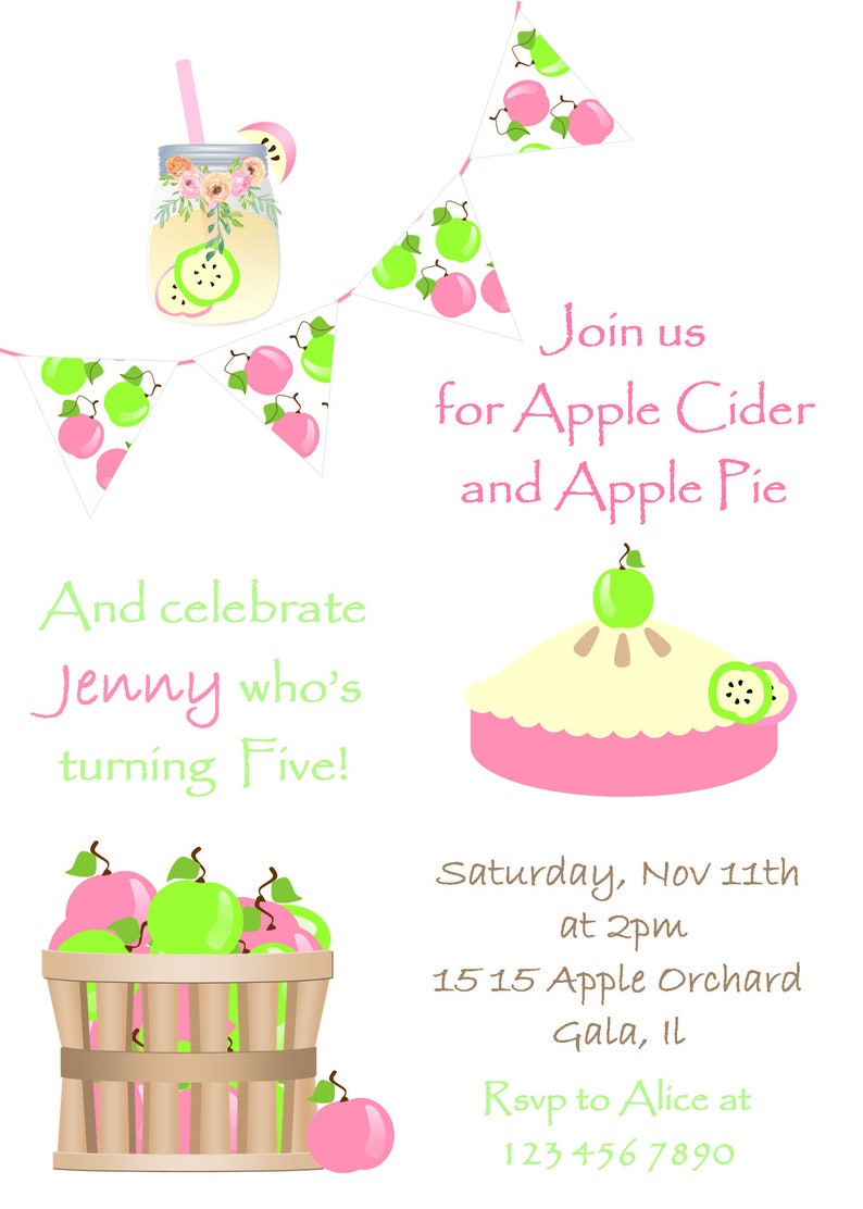 Apple birthday invitation, Apple pie invitation, Apple of my eye, Apple CIder party invitation, Turning five invitation, Pink and Green image 5