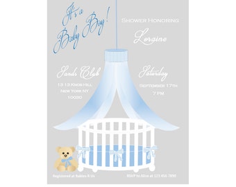 Baby shower invitation -  Teddy bear blue baby shower - Baby boy shower invitation - crib invitation - blue and grey baby shower invites