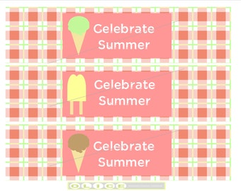 Celebrate Summer Party - Water Bottles Labels -  Picnic Party - Ice Cream Party -  Pink Green Yellow - Digital design PDF download