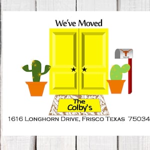 Verhuisaankondiging, Nieuwe adreskaarten, verhuizen naar Texas lange hoorns, Texas gele roos, Postkaarten formaat 5,5 x 4,25. Digitale PDF.