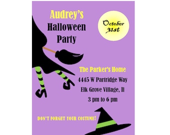 May include: Purple invitation with a black witch silhouette flying on a broomstick. The text reads "Audrey's Halloween Party" with the date "October 31st". The invitation includes the address "The Parker's Home, 4445 W Partridge Way, Elk Grove Village, II" and the time "3 pm to 6 pm". It also says "Don't forget your costume!" and includes an RSVP number.