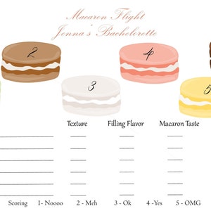 K&ouml;nnte beinhalten: Eine druckbare Spielkarte f&uuml;r einen Junggesellinnenabschied mit dem Titel "Macaron Flight Jenna's Bachelorette". Die Karte zeigt sechs Macarons mit den Nummern 1 bis 6. Die Karte enth&auml;lt auch einen Bewertungsbereich mit den &Uuml;berschriften "Textur", "F&uuml;llung Geschmack", "Macaron Geschmack" und "Gesamtpunktzahl".