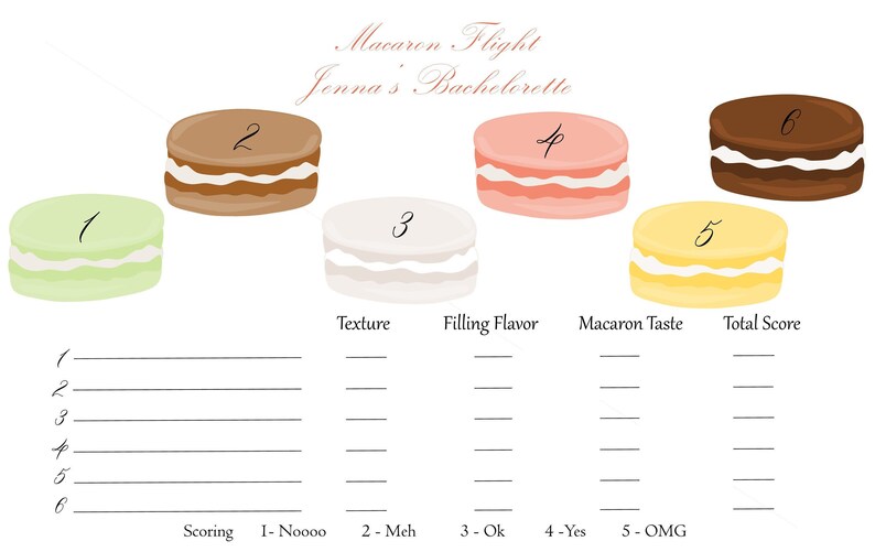 K&ouml;nnte beinhalten: Eine druckbare Spielkarte f&uuml;r einen Junggesellinnenabschied mit dem Titel "Macaron Flight Jenna's Bachelorette". Die Karte zeigt sechs Macarons mit den Nummern 1 bis 6. Die Karte enth&auml;lt auch einen Bewertungsbereich mit den &Uuml;berschriften "Textur", "F&uuml;llung Geschmack", "Macaron Geschmack" und "Gesamtpunktzahl".