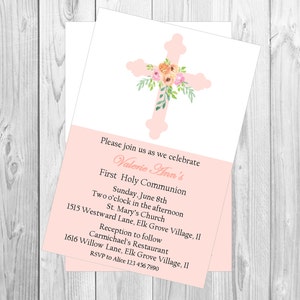 Baptism, Christening, first holy communion invitation girls Modern invitation , simple with a floral cross, 1st holy communion religious image 2