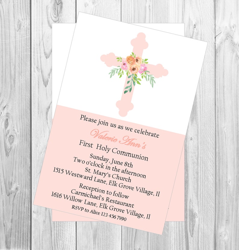 Baptism, Christening, first holy communion invitation girls Modern invitation , simple with a floral cross, 1st holy communion religious image 2